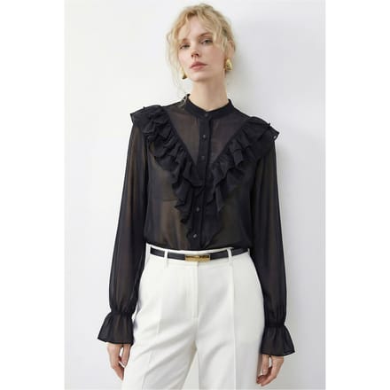 Fruizige Mandarijnkraag Lange Mouw Chiffon Shirt