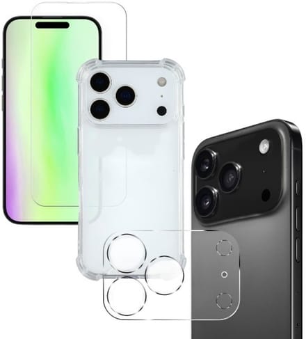 Anti -Shock Silicone hoesje transparant met Screenprotector Glas 2x en Camera lens protector 2x Geschikt voor: iPhone 17 Pro Max