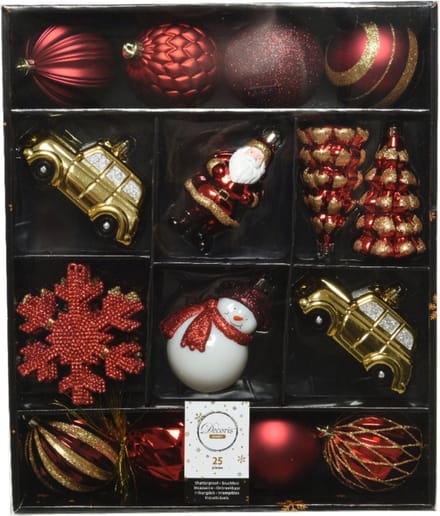 Decoris 25x kersthangers - rood - goud - kunststof - onbreekbaar - 8 cm - ornamenten