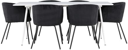 Silar eethoek tafel 90x180cm en 6 fluwelen stoelen met armleuningen wit.