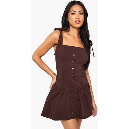 boohoo Dames Button Through Dropped Waist Mini Dress | Chocoladebruin | Maat: 40
