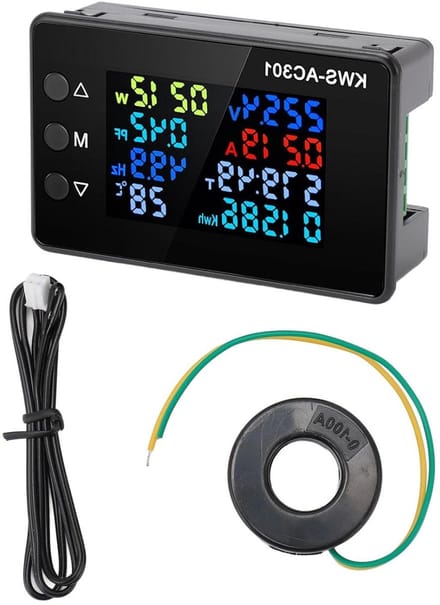 Volt-ampèremeter - Stroommeter spanning - Energie meten - Kleuren LCD display - 100 A 300 V - Zwart