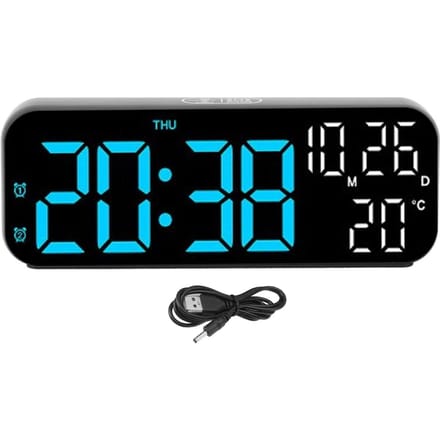 Horloge numérique à double affichage, commande vocale, 3 niveaux de luminosité réglables, affichage de la date et de la température, compte à rebours LED bleu