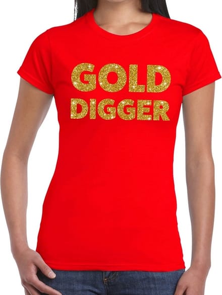 Gold Digger gouden glitter tekst t-shirt rood dames - dames shirt Gold Digger M