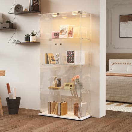 Glazen Vitrinekast met 4 Planken, LED-Verlichting & Dubbele Deuren - 163cm Hoog, Temperglas