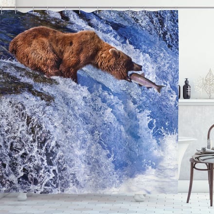 ABAKUHAUS Dieren Douchegordijn, Grizzly Bear in Katmai, Stoffen Badkamerdecoratieset met Haken, 175 x 180 cm, Wit Bruin