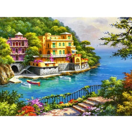 Peinture de paysage en broderie de diamant, strass ronds complets, image de ville côtière 20X30CM brown