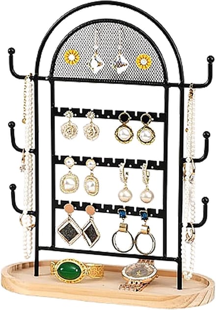Sieradenhouder Organisator - Displayrek Sieraden - Sieraden Presenteren - IJzeren Frame Houten Basis - 32 x 23 x 3 cm