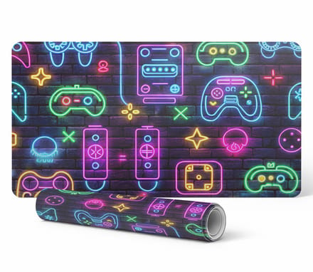 Beschermende bureauonderlegger met neonkleurige afbeeldingen van gamecontrollers, 100x50 cm
