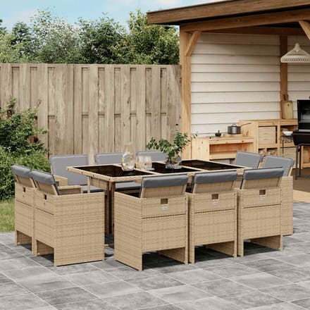 vidaXL - 11-delige - Tuinset - met - kussens - poly - rattan - gemengd - beige
