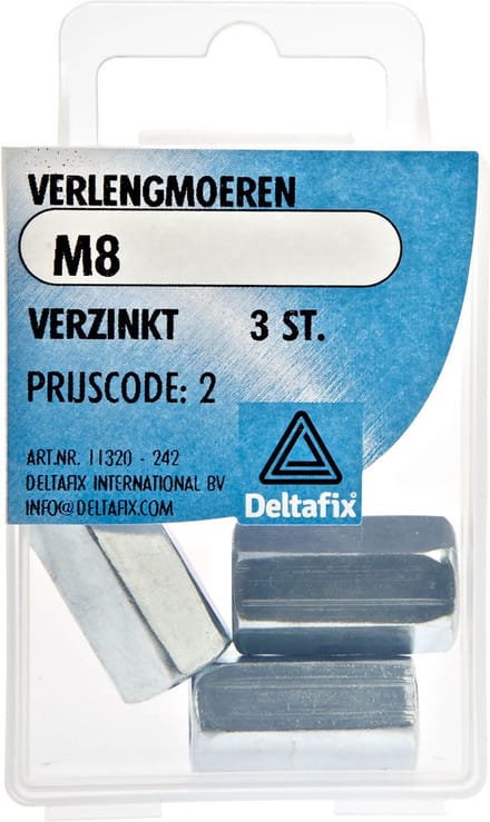 Deltafix verlengmoer verzinkt m8 din 6334 3 st.
