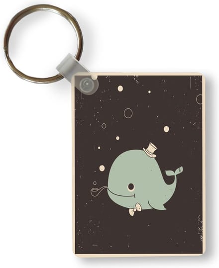 Sleutelhanger - Retro illustratie van een walvis met een hoed op - Uitdeelcadeautjes - Plastic