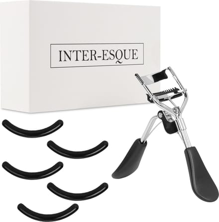INTER-ESQUE® Wimperkruller Met Kam - Eyelash Curler - 5 Extra Siliconen Pads - Zwart/Zilver