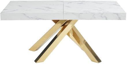 Vente-unique Verlengbare eettafel 6 tot 10 personen van MDF en metaal - Wit marmereffect en goud - CATONAV