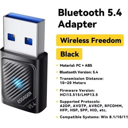 Essager USB Bluetooth 5.4 Adapter Draadloze Zender Ontvanger Voor PC Laptop Driver Gratis Voor Win10/11 Bluetooth Toetsenbord Muis Bluetooth 5.4