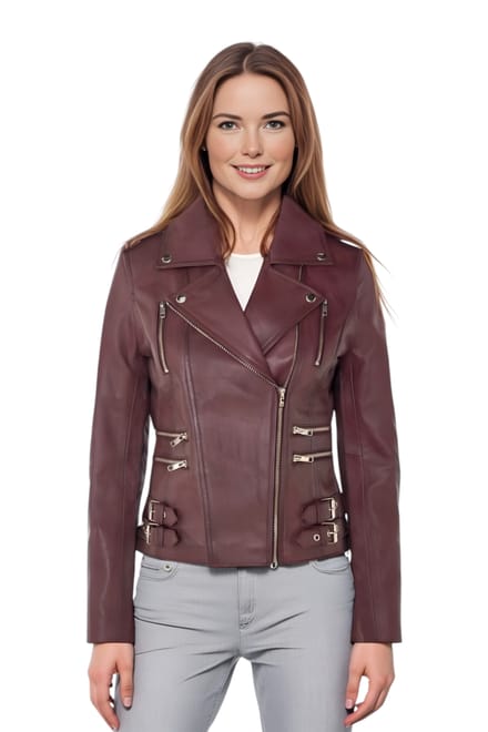 Dames leren bordeauxrode Brando bikerjack - Constantia