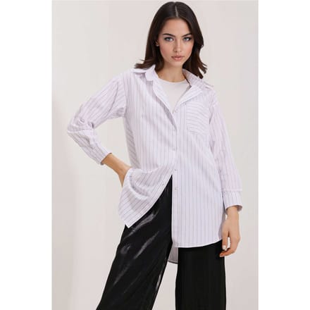 Overmaatse Gestreepte Poplin Shirt met Pocket