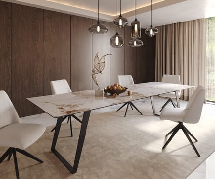 Eetkamertafel Edge keramiek Minas Melange wit-beige 300x100 metaal schuin zwart
