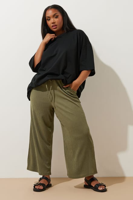 Yours Culottebroek Met Textuur En Elastische Taille In Kakigroen Size 46