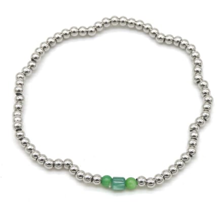 Armband Dames - Elastisch - Zilverkleurige Kralen RVS - Groene Aventurijn