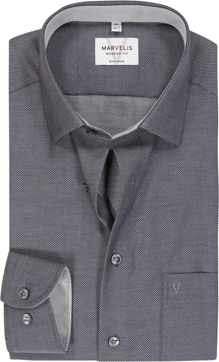 MARVELIS modern fit overhemd - zwart structuur (contrast) - Strijkvrij - Boordmaat: 43