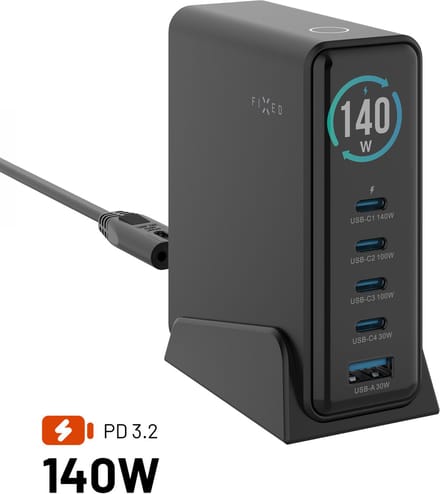 FIXED GaN Docking Station 140W – 4x USB-C & USB-A – Power Delivery 3.2 – TFT Display – Zwart