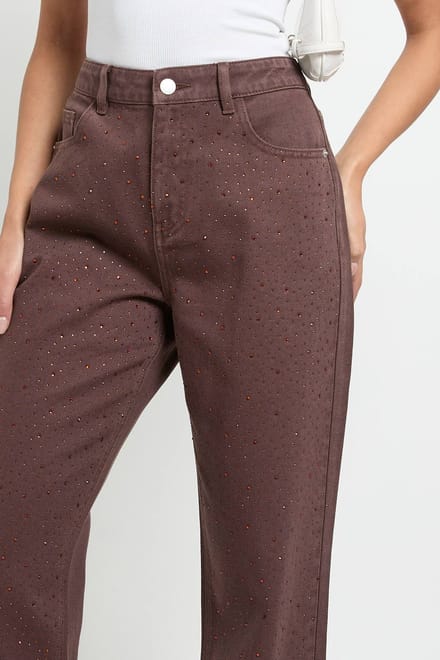 boohoo Dames Versierde hoge taille, wijde pijpen spijkerbroek | Chocoladebruin | Maat: 36