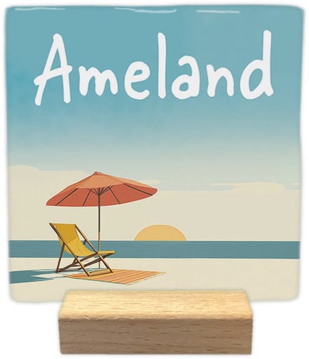 Ameland - Keramische decoratie tegel - incl. houten presenteerblok
