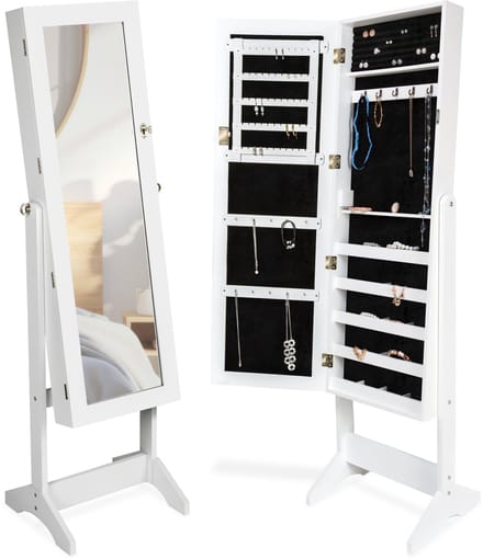tectake® Luxe Spiegelkast - Met extra grote Spiegel - Kantelbaar - Diverse kleuren - Sieradenkast - Staande Accessoirekast - ca. 147 x 45 x 37 cm - Wit