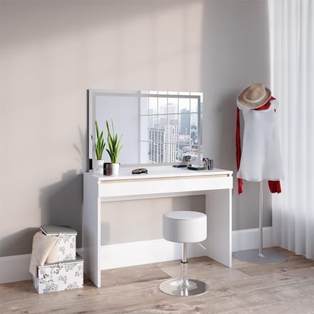 Kaptafel met Spiegel - Make-up Tafel - Dagelijkse Make-up - Inclusief LED Verlichting - 120 cm Breed - Wit