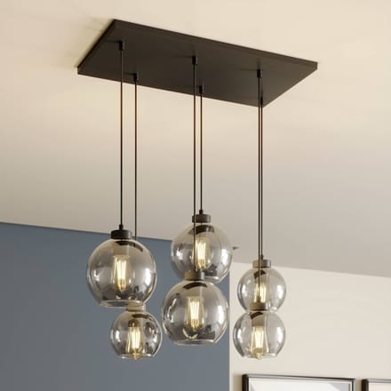 TK Lighting Cubus hanglamp, rookgrijs, glas, 74 cm lang, 6-lamps