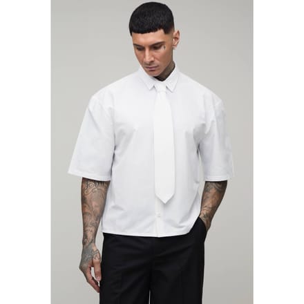 Oversized Boxy Shirt Met Halve Mouw En Stropdas | White | Size Medium
