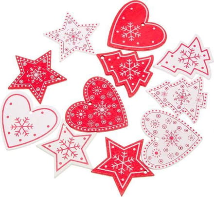 ProductGoods - 10 stuks kerstversiering kerstbomen/hartjes/sterren rood/wit | Kerstversiering voor binnen