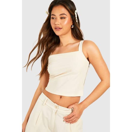 boohoo Dames Pinstripe Drape Shoulder Square Neck Top | Zand | Maat: 44