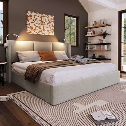 KOMHTOM Bed Tweepersoonsbed 160x200 cm Gestoffeerd bed Opslag bed laden Opslag PU Lichtgrijs