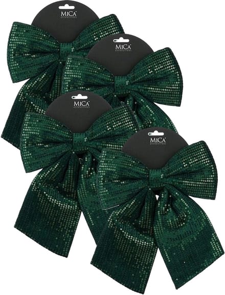 Mica Decorations Kerst strik ornament - 4x - groen - 24 x 28 cm - polyester pailletten- kerststrik