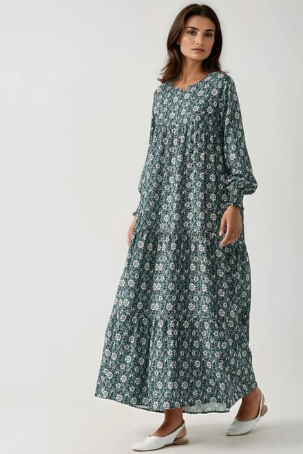 Geprinte Crew Neck Viscose Maxi Jurk