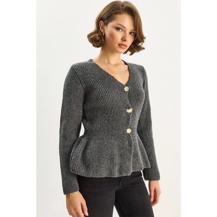 Geribde Lange Mouwen V-Hals Cardigan met Knopen