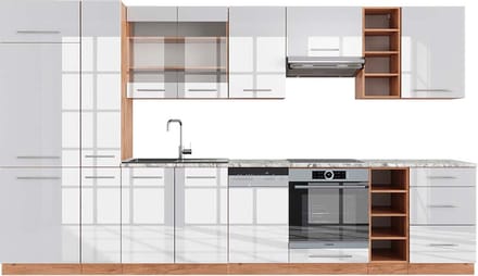 Vicco Fame-Line Complete keukeneenheid – 355 cm, WB Marmer Wit hoogglans/goud power eiken