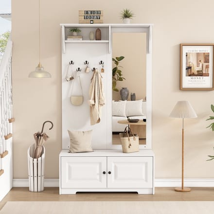 REDOM - Halgarderobe - Met Spiegel En 5 Haken - Modern - Voor De Hal - MDF - Wit - 100 X 40 X 180 Cm