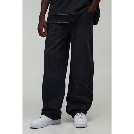 Relaxed Fit Jeans Met Gemengde Dierenprint | Washed Black | Size 30R