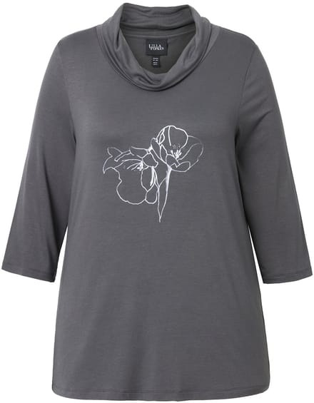 Ulla Popken - Dames - Shirt metallic print watervalhals 3/4-mouwen - Asfalt - Maat 46+