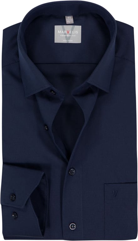 MARVELIS comfort fit overhemd - structuur - donkerblauw - Strijkvrij - Boordmaat: 41 (EU maat: L)