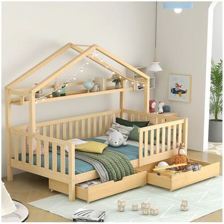 Merax Kinderbed - 90 x 200 cm - met 2 lades + lattenbodem - hout - naturel