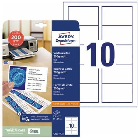 Avery-Zweckform C32010-25 Bedrukbare visitekaarten 85 x 54 mm Wit 250 stuk(s) Papierformaat: DIN A4