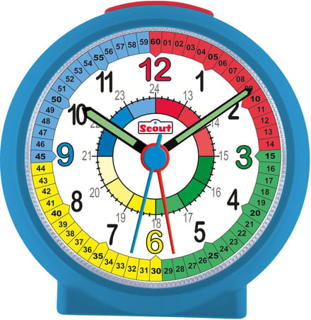 Scout Wecker analog mit blauem Gehäuse und buntem Lernziffernblatt für Kinder
