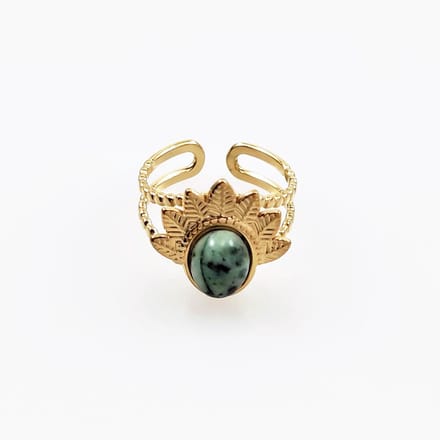 Dottilove - Dames Gevederde Steen Ring - Geelgoudkleurig Verguld - Ring met Groene Steen