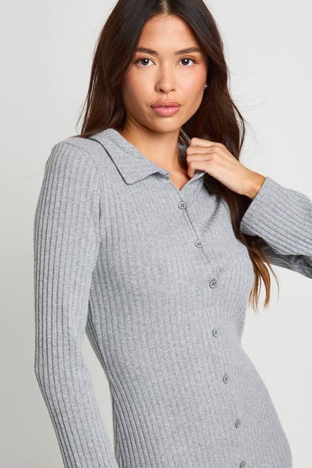 boohoo Dames Geribbeld overhemd met kraag en knopen, midaxi-jurk | Grijs | Maat: 36