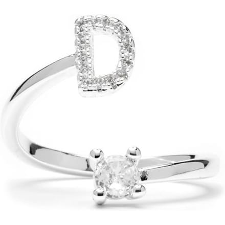 Ring - LUXENTER - Alfabet - Letter D - Verstelbare maat - Rhodium verguld wit