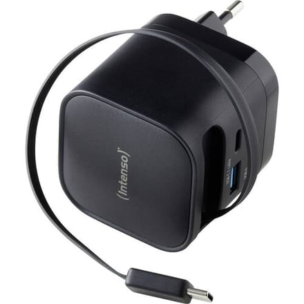 Intenso W65ACIC 65W GaN Power Adapter - USB-C Snel lader met oprolbare kabel - Laptop - Tablet - Smartphone- zwart